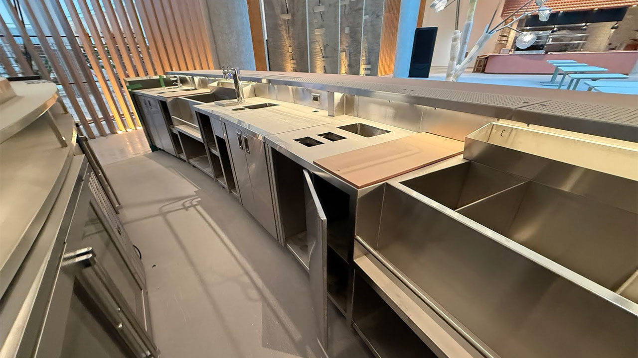 Stainless components in Time Out Market bar, located in Oakridge Park, BC