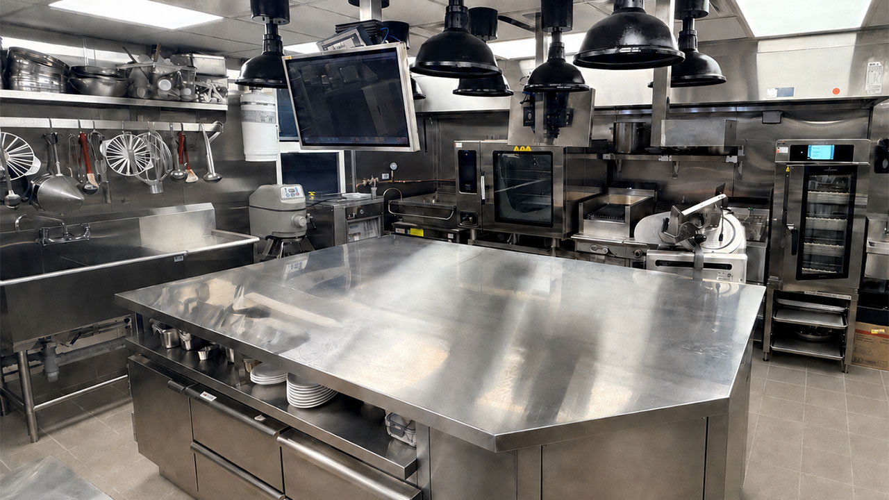 Renovated upper-level commercial kitchen at Hy’s Vancouver with custom stainless steel workstations, refrigeration and foodservice equipment.