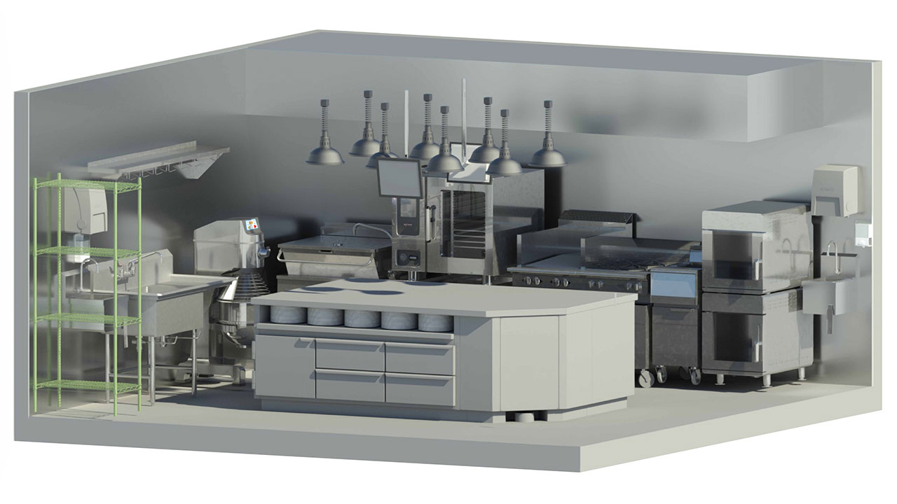 BIM rendering of the upper kitchen at Hy’s Vancouver, used to coordinate equipment placement, custom stainless steel and circulation before installation.